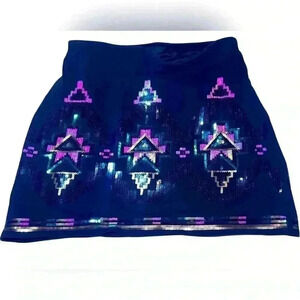 Bongo Juniors Black Sequin Tribal Aztec Geometric Pattern Knit Mini Skirt Sz M